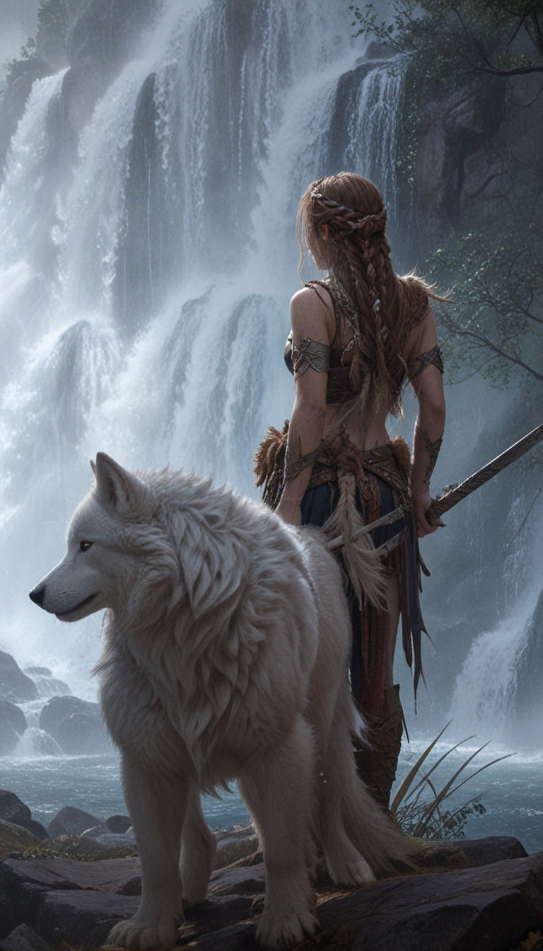 Maiden Samurai with Braided Hair and White Wolf near a Majes...