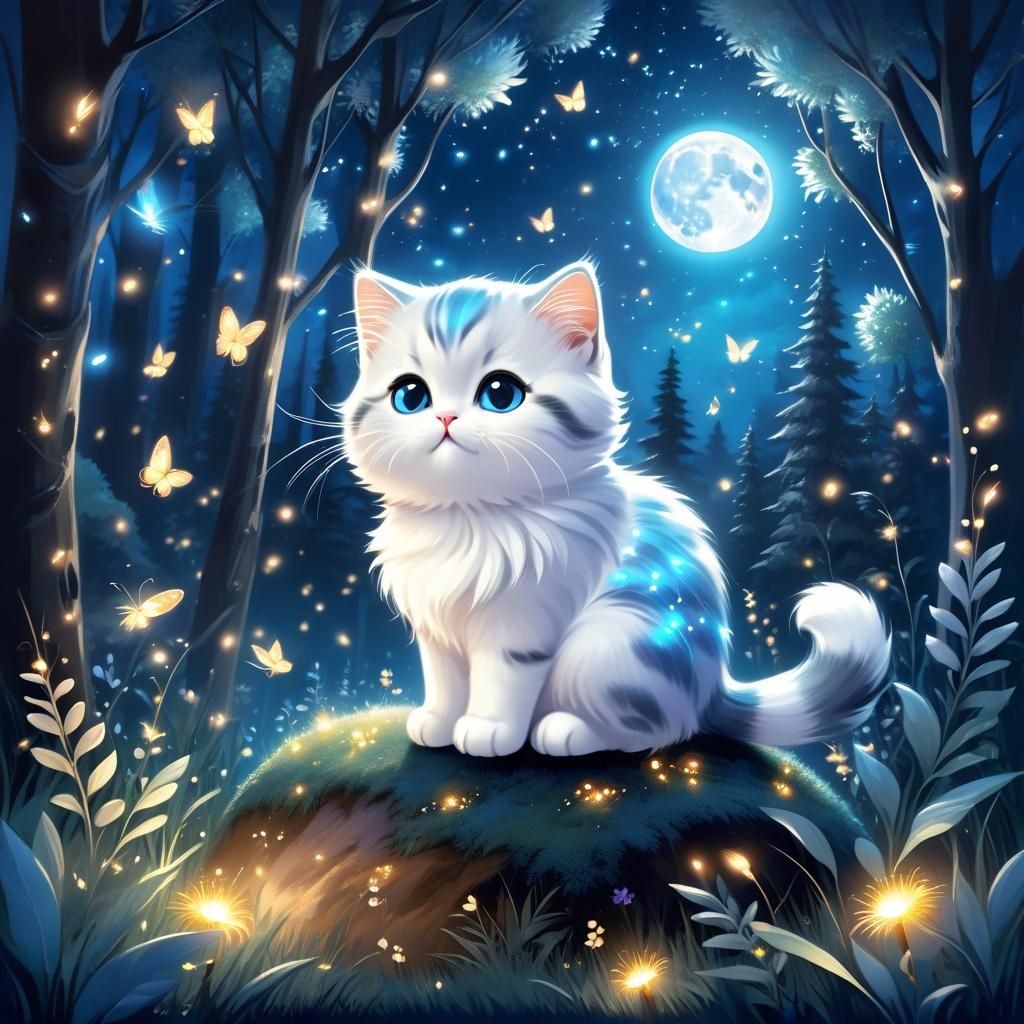 Kitten in Enchanted Forest with Fireflies
