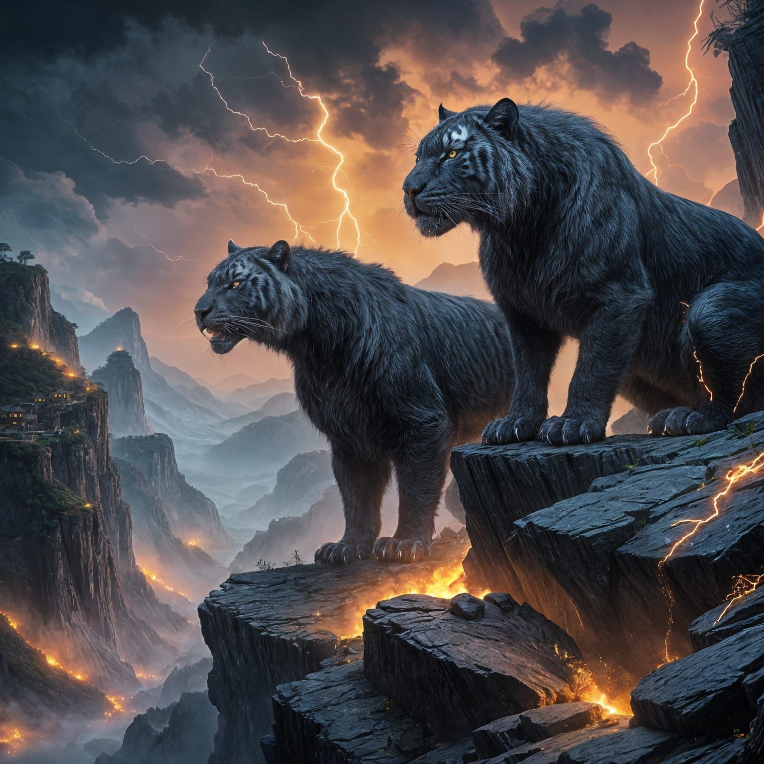 Colossal Black Tiger on Cliff Edge in Ominous Fog