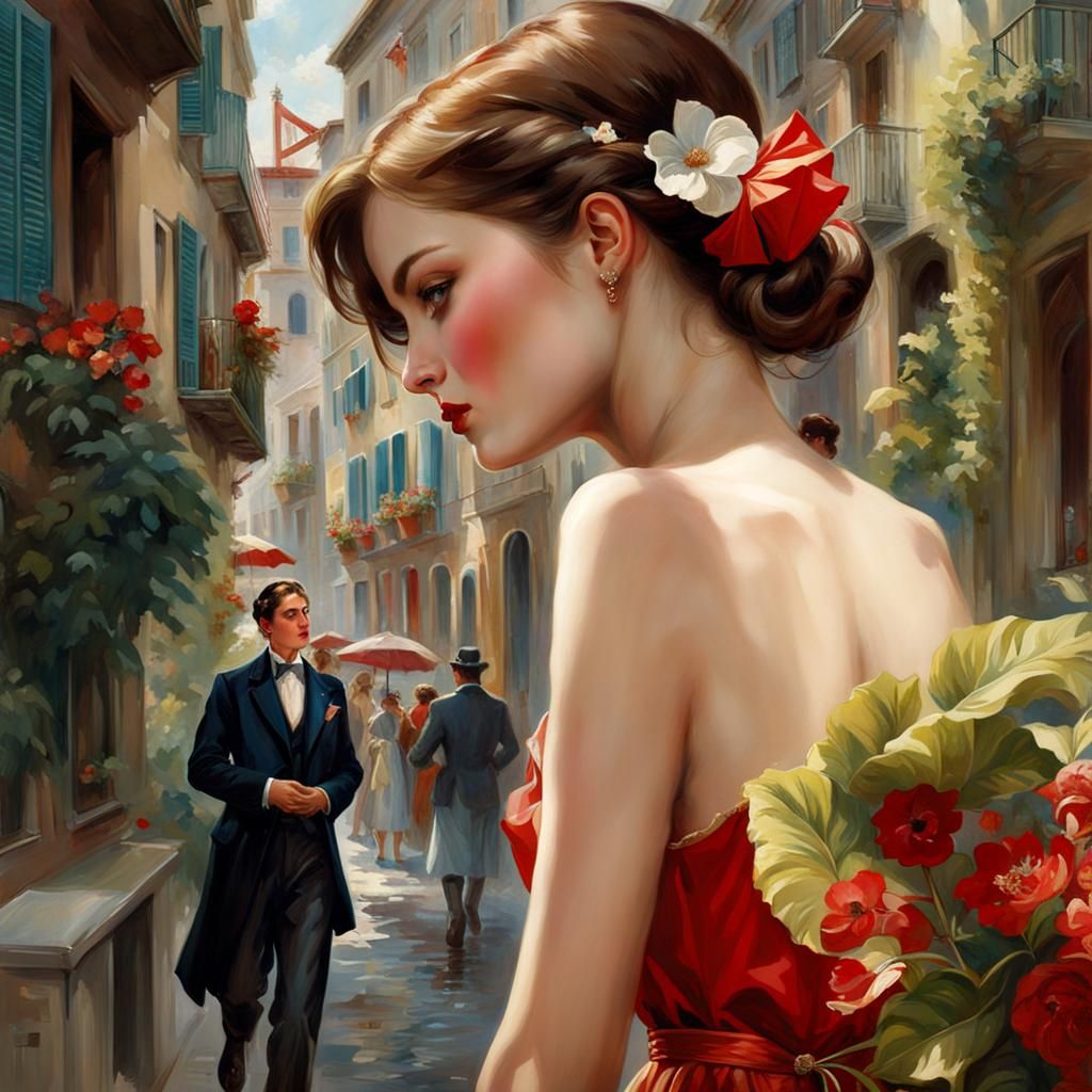 Elegant Woman in Cityscape, Digital Illustration