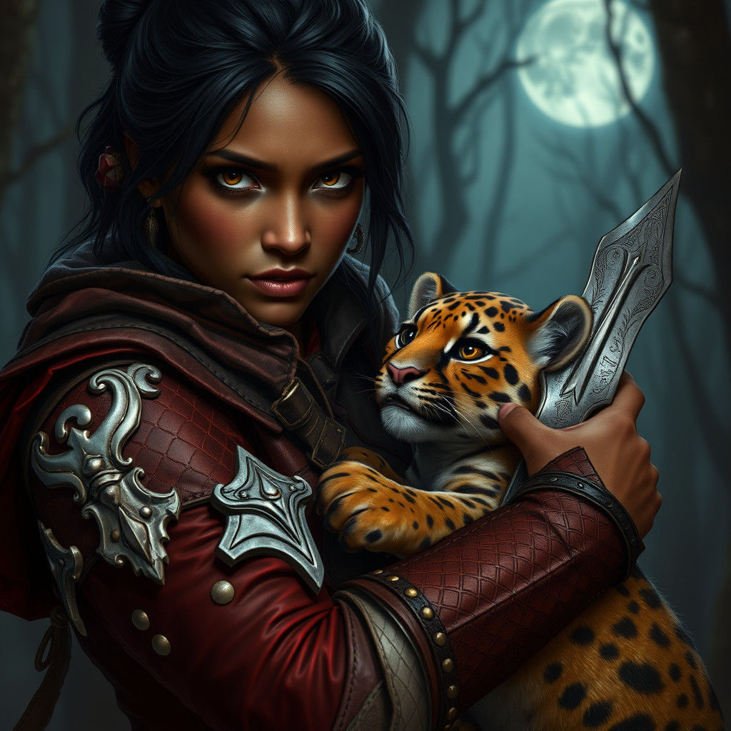 Rogue with Panther Cub in Moonlit Forest