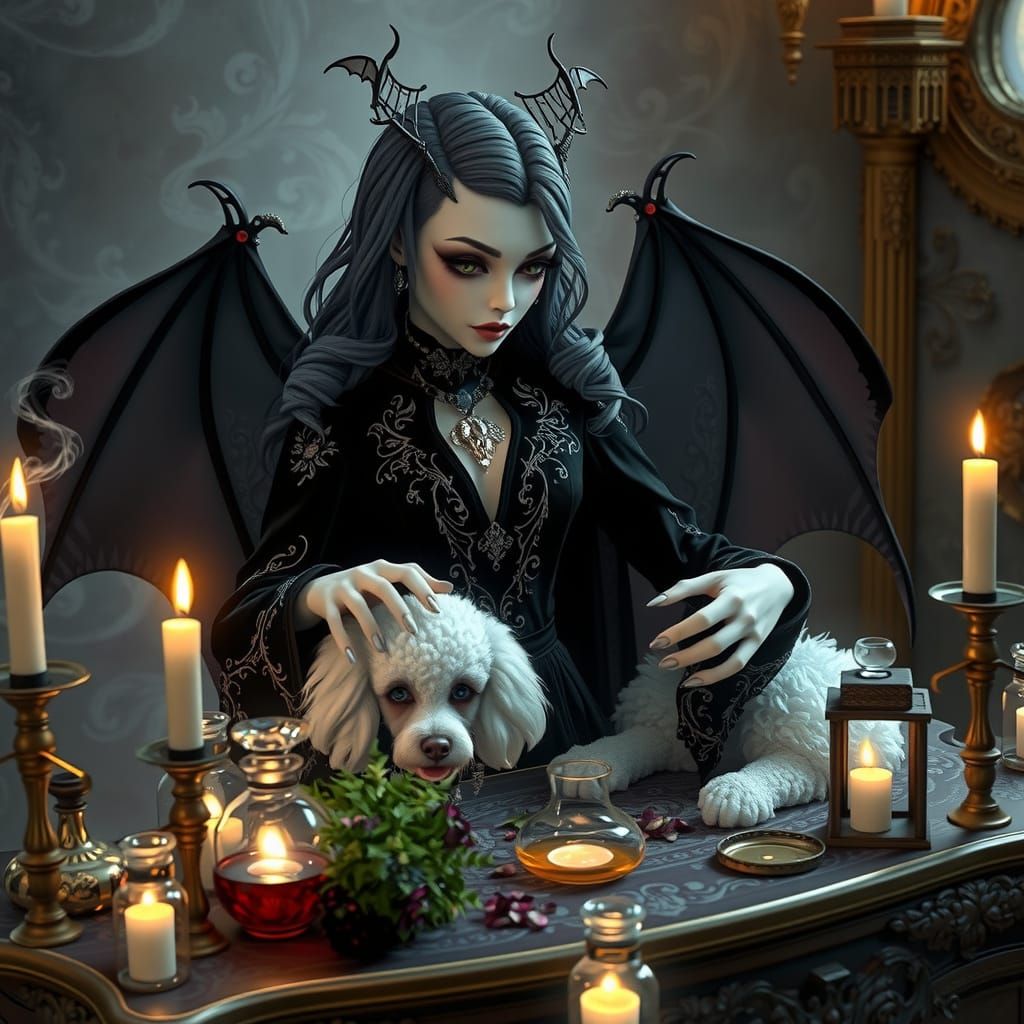 Dark Fantasy Ghoul with Poodle in Mysterious Atmosphere