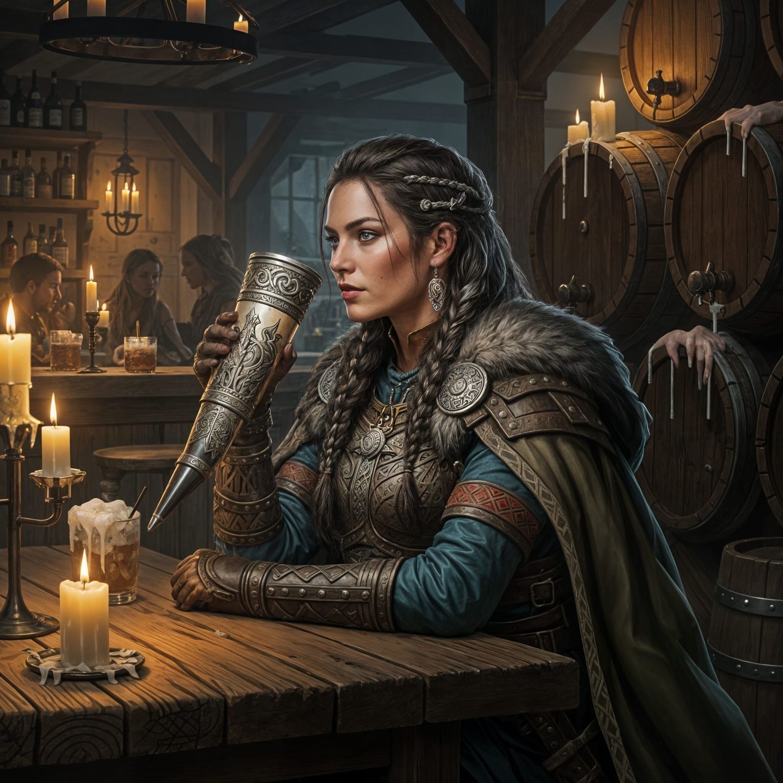 Viking Woman in Bar with Drink Horn