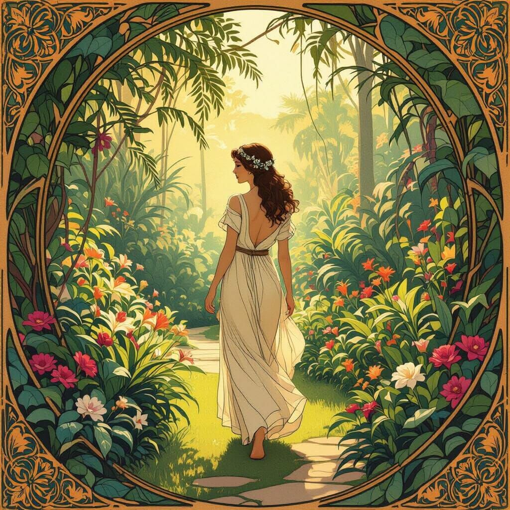Woman in Eden Garden: Art Nouveau Illustration