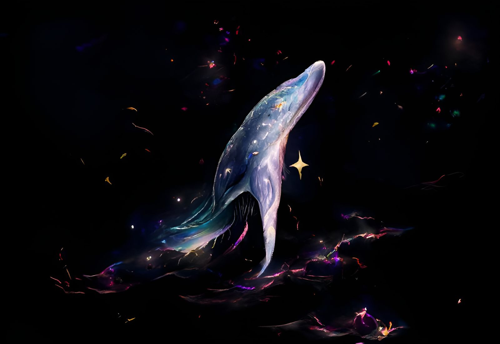 Mystic Golden Whale Swimming Through the Stars