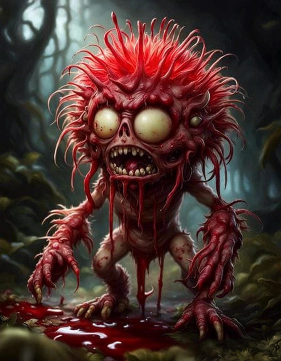 Zombie Rambutan Creature with Dripping Blood in HDR