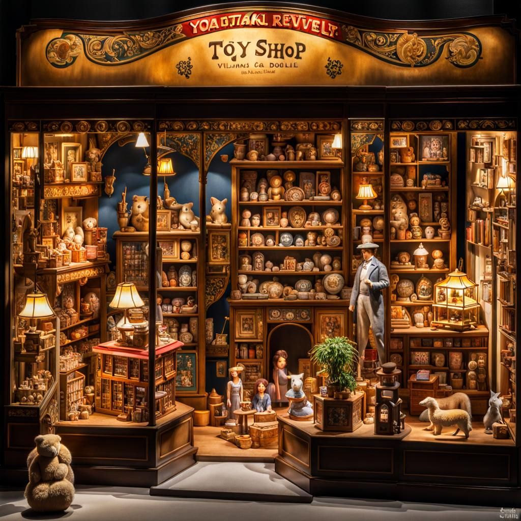 Enchanting Toy Shop Display in Watercolor Ink Style
