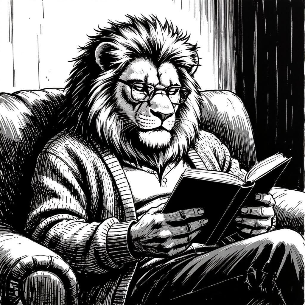 Lion with Human Features Reading, in Noir Comic Style