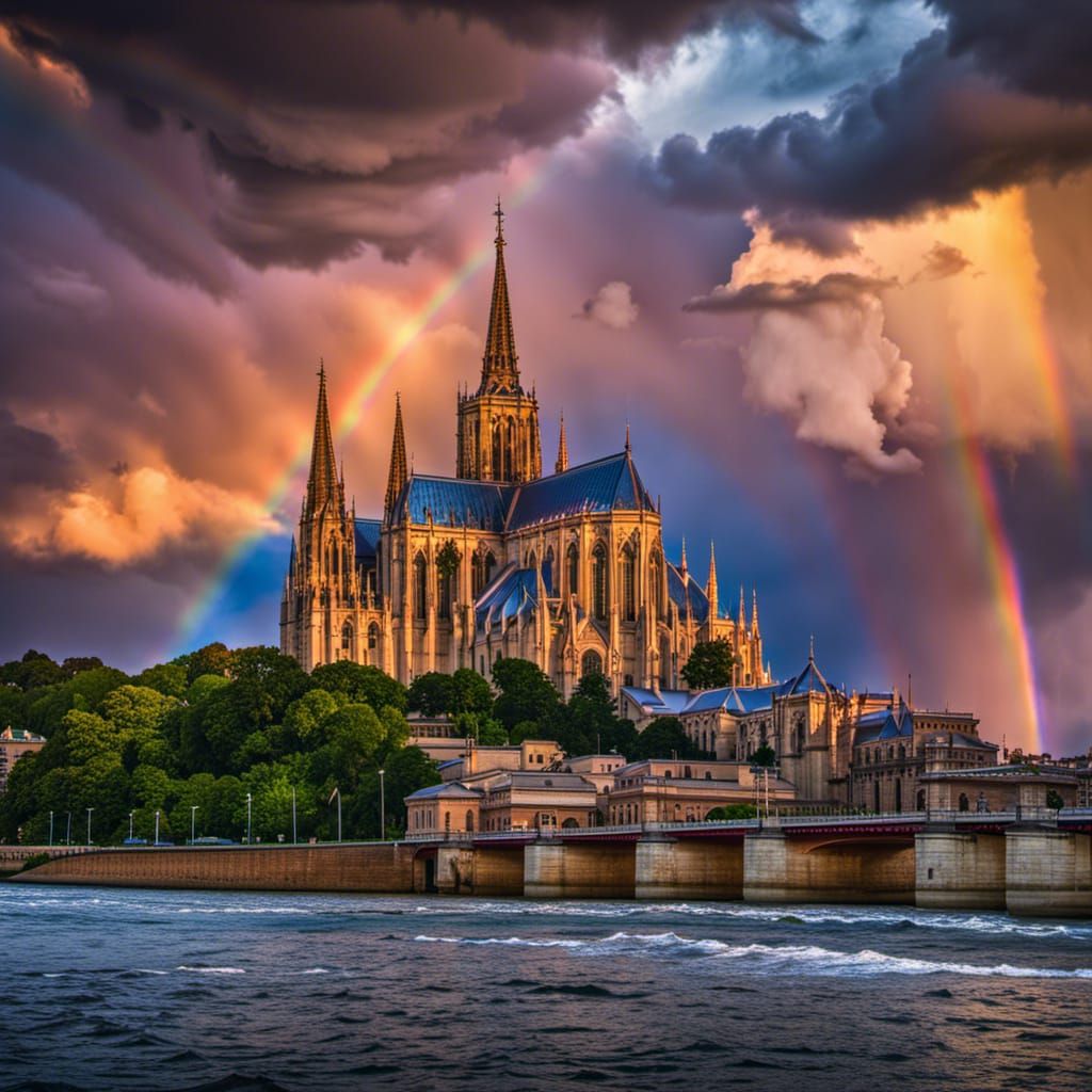 Cathedral Against Stormy Sky with Rainbow