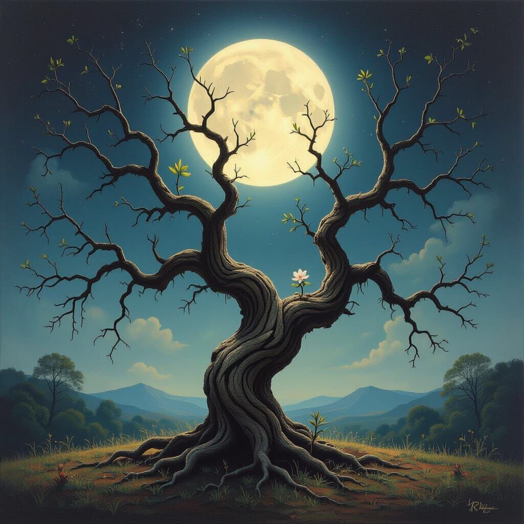 Surreal Tree of Life in Moonlight, Oil Painting