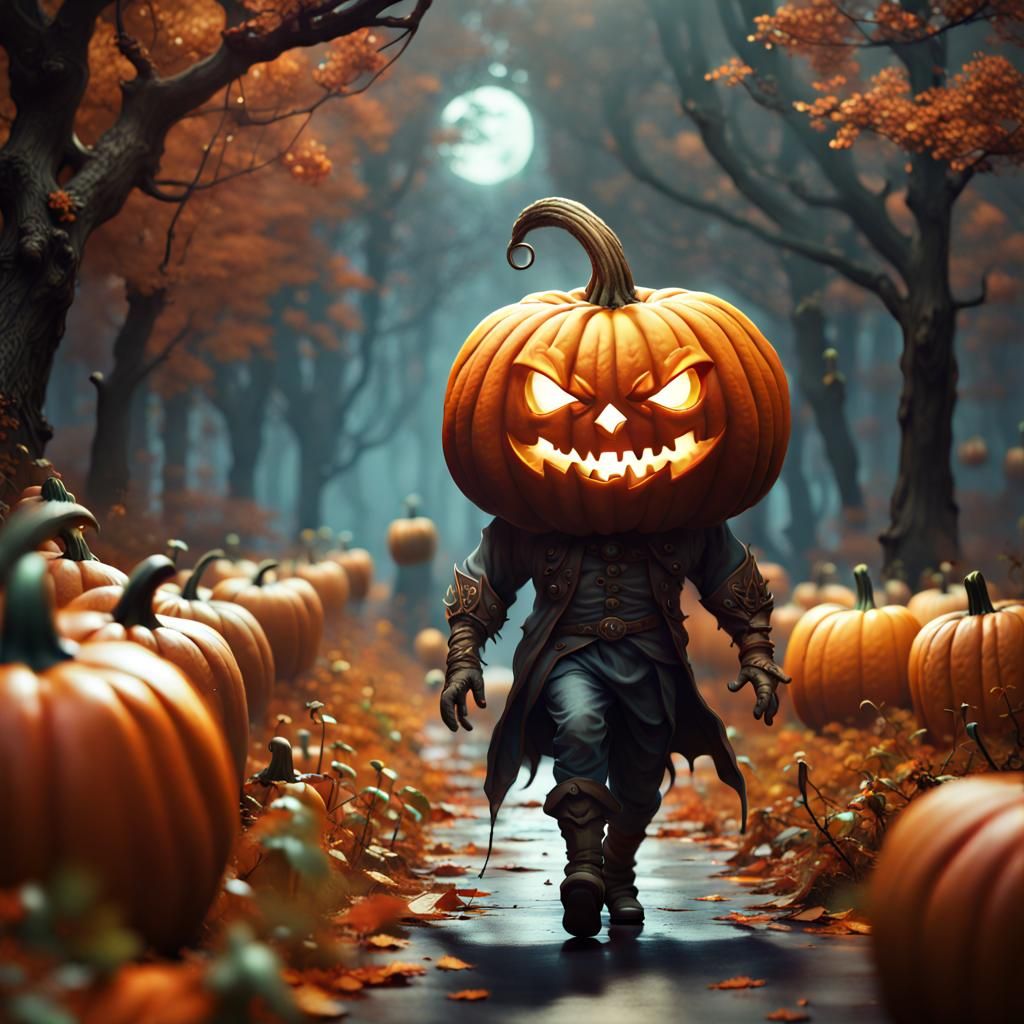 Pumpkin-Headed Man Staggers Forth, Detailed Matte Painting
