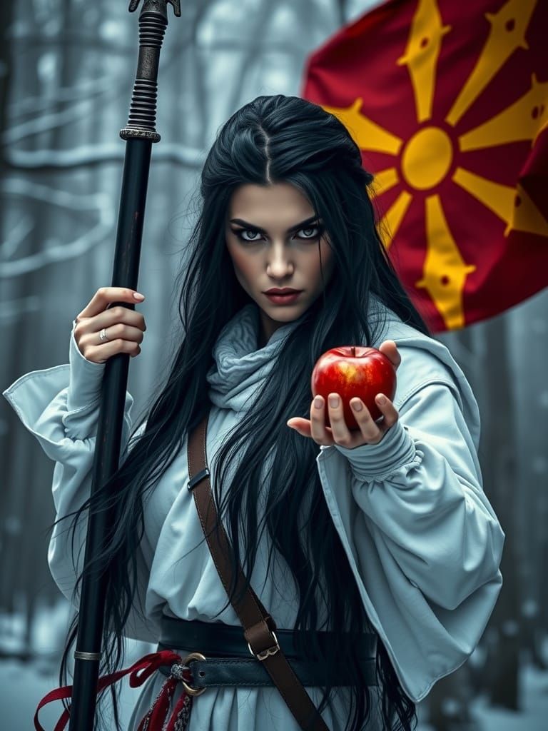 Evil Macedonian Warrior Woman with Apple in Snowy Forest