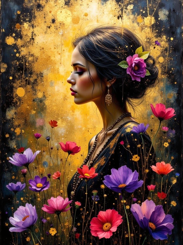 Woman in Flower Garden with Burnished Gold Accents