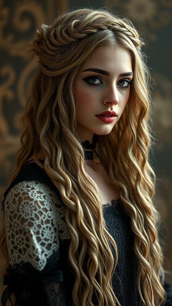 Gothic beautiful woman made of twine and string, attractive scene, breathtaking, counting time, very long flowing curly ...