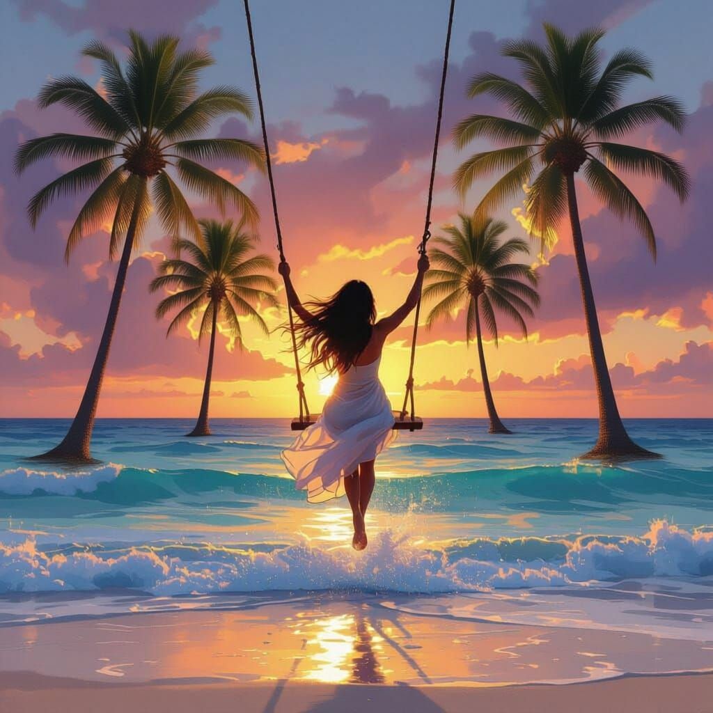 Woman Soars on Swing Over Hawaiian Ocean at Sunset