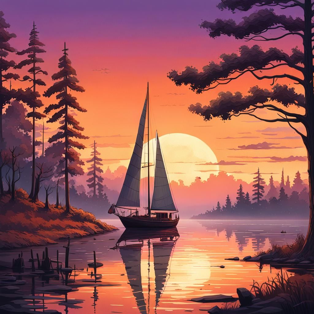 Sailboat on Bay at Sunset: Fantasy Art