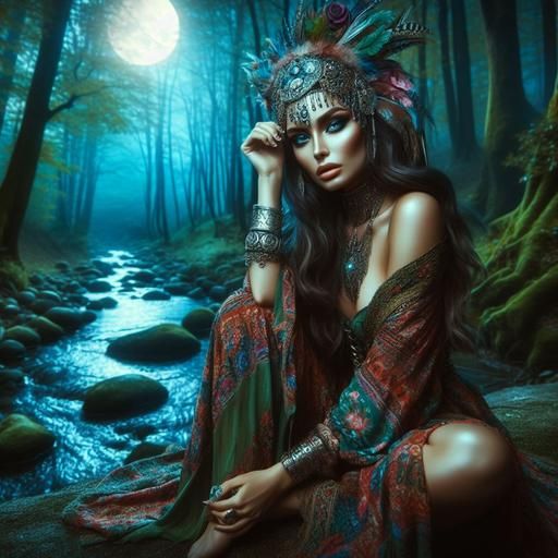 Mystical Gypsy Woman in Moonlit Woods
