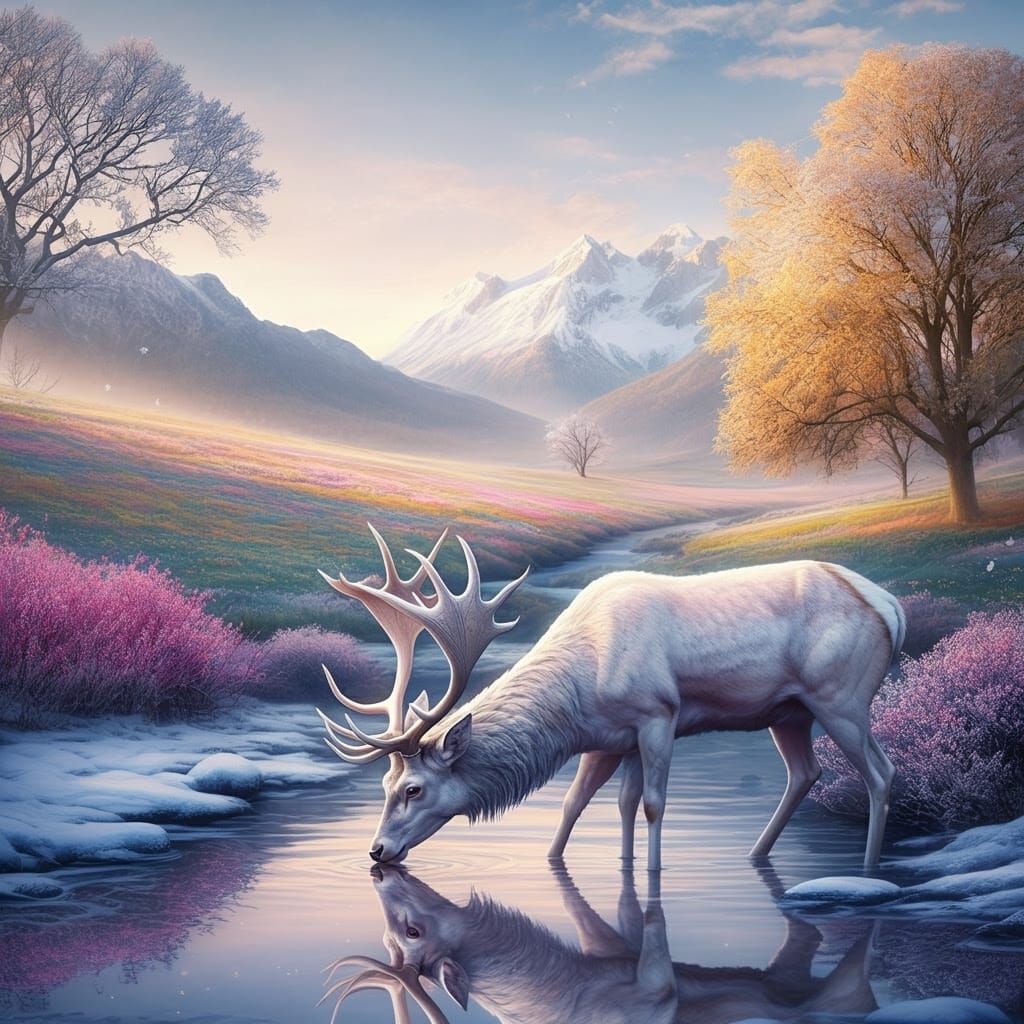 Four Seasons Fantasy Landscape with White Stag
