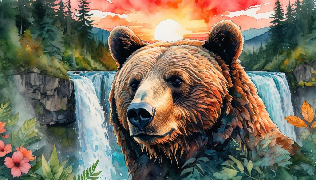 A majestic grizzly bear in a lush forest with a massive waterfall