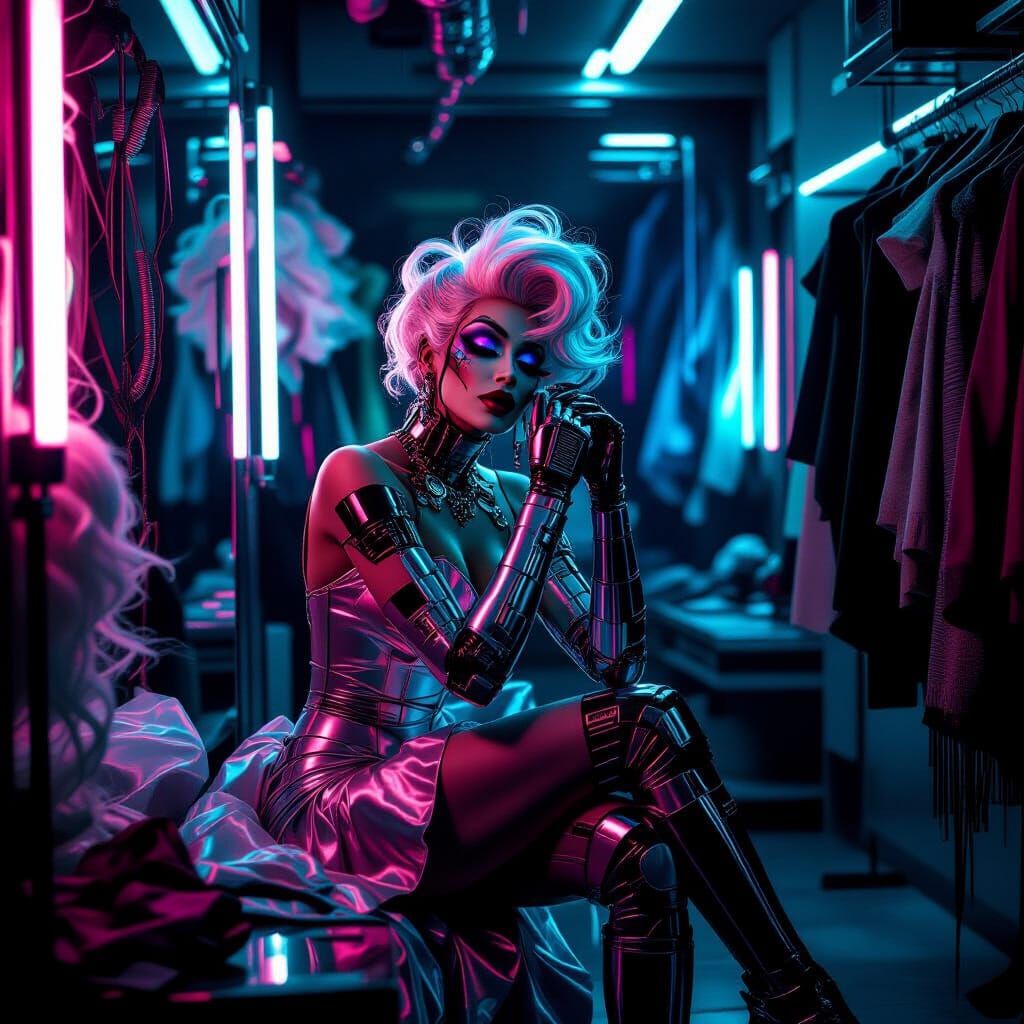 A melancholic drag queen cyborg superheroine, clad in a torn...