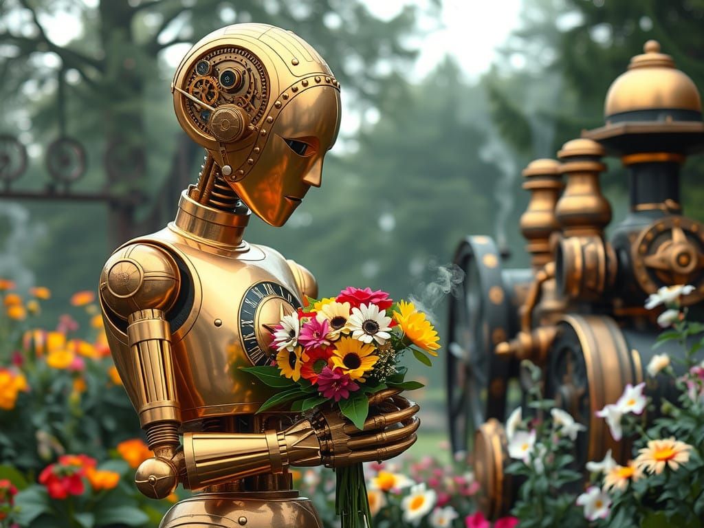 Golden Robot Brings Blooms in Whimsical Garden Setting