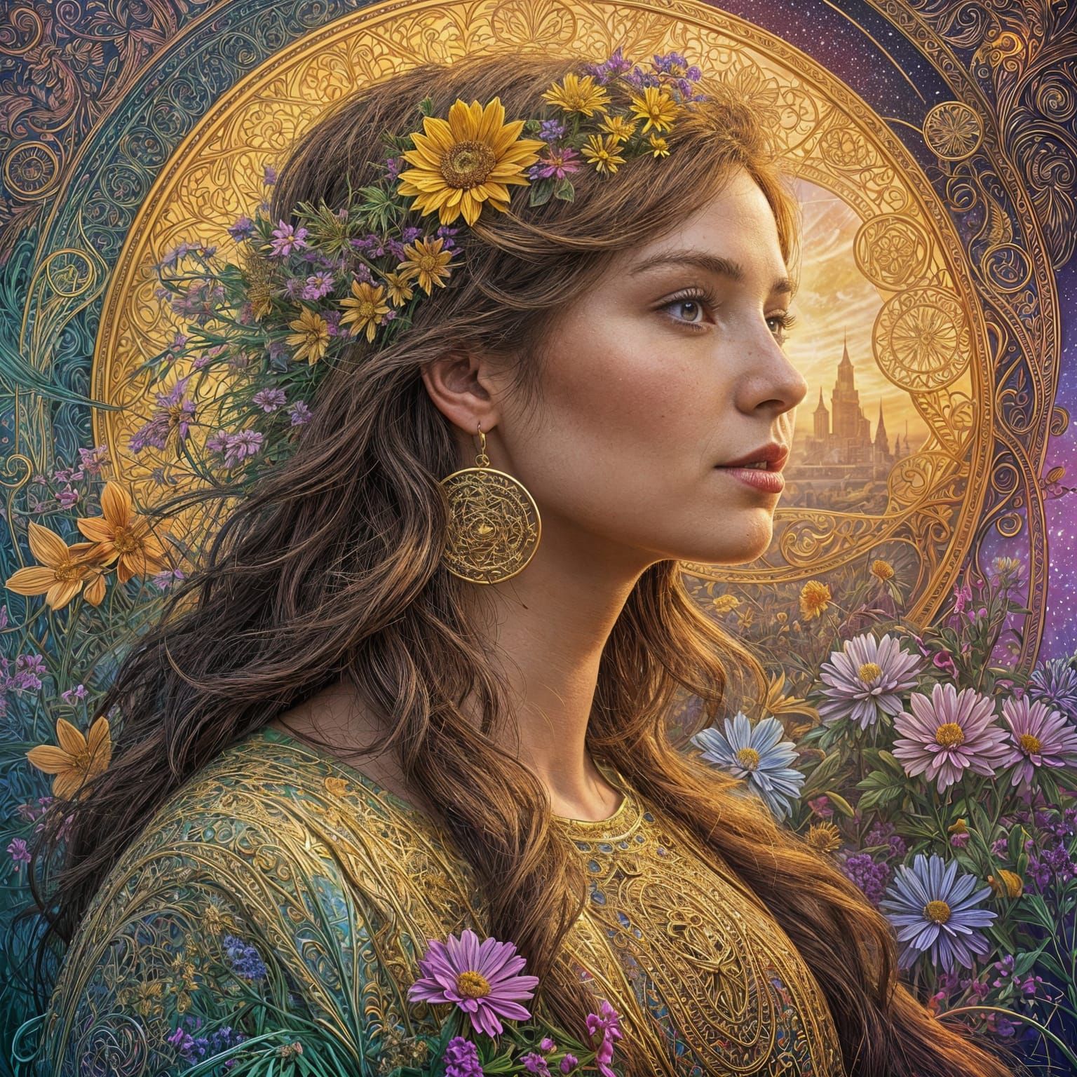 Woman in Wildflower Field with Holographic Projections