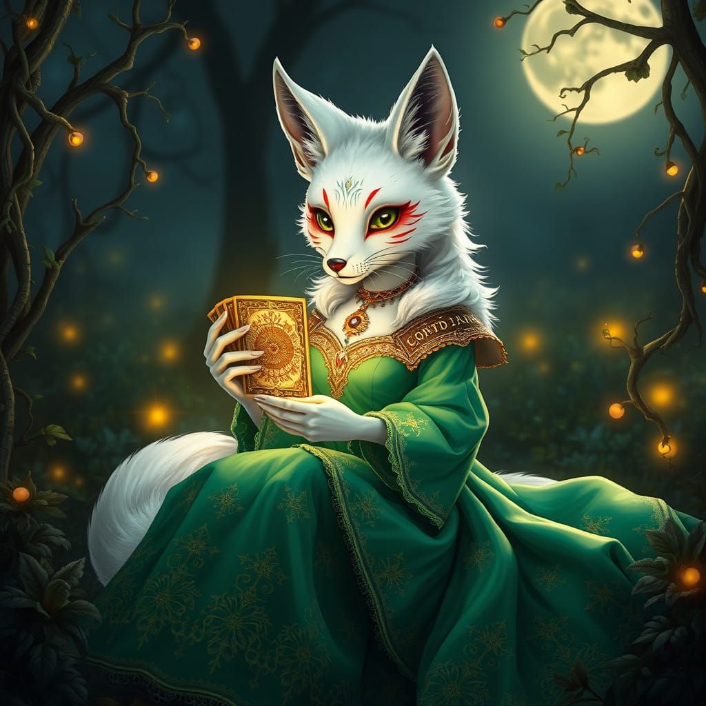 Enchanted Kitsune Goddess Sits in Moonlit Tarot Circle