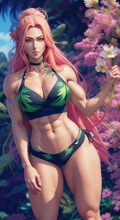 Muscular Anime Girl in Bikini with Floral Background