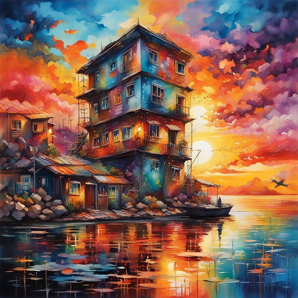 Fantasycore Sunset Over Bay in Watercolor Style