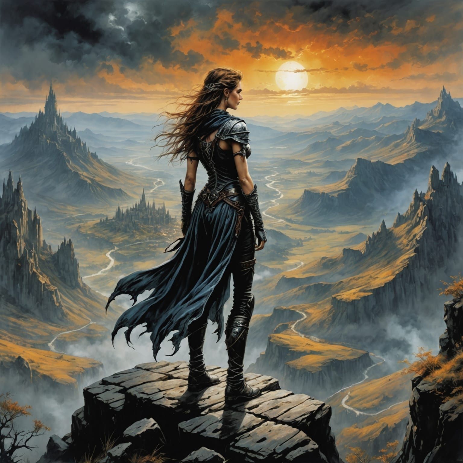 Adventuress Overlooks Sinister Valley, Dark Fantasy Illustra...
