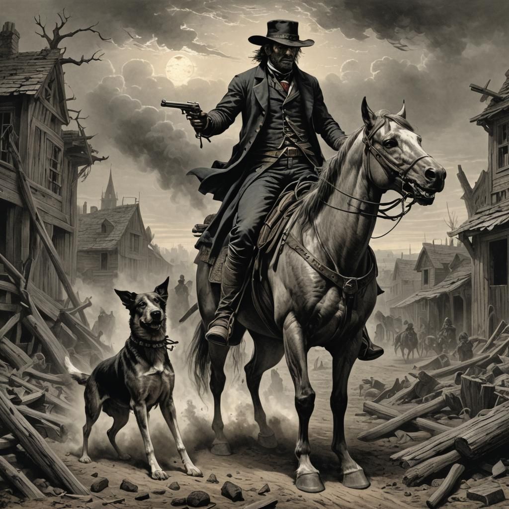 Gunslinger, Horse, and Dog in Horror Style