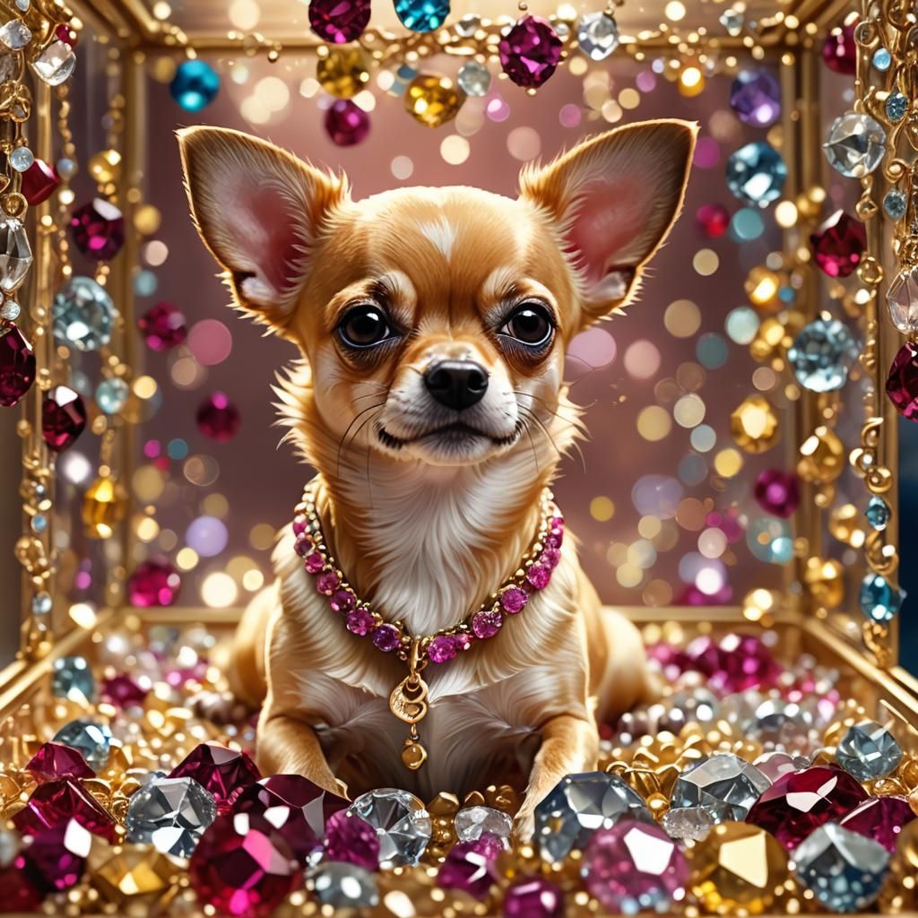 Chihuahua in Gem-Filled Jewelry Box: Digital Art