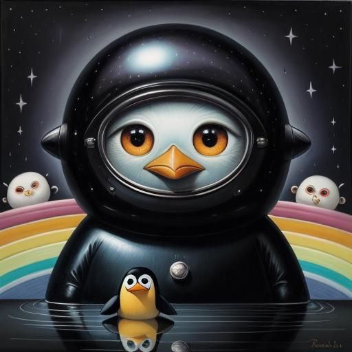 Surreal Penguin Astronaut with Rainbow Eyes