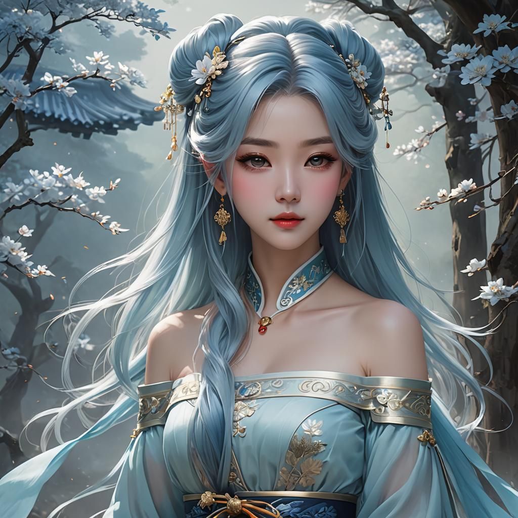 Elegant Woman in Light Blue Hanfu: Anime Style