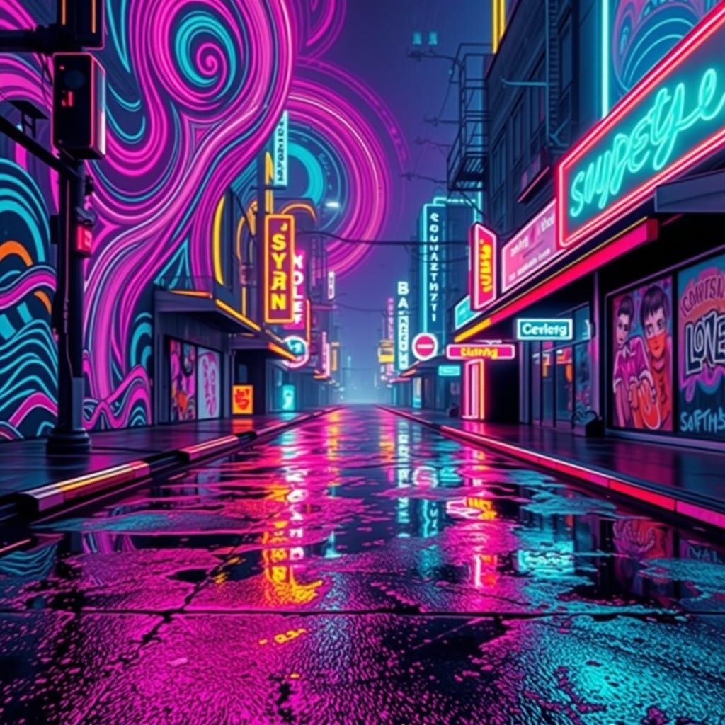 Cyberpunk Cityscape in Swirling Patterns and Neon Lights