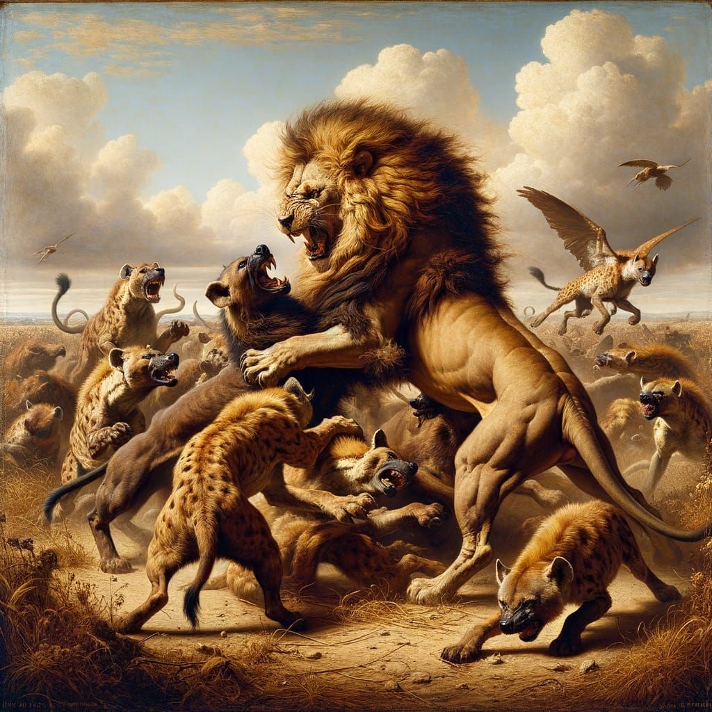 Renaissance-Style Lion in Battle on the Savannah