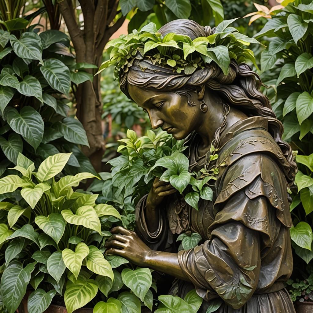Bronze Statue in Lush Planter, Natural Lighting