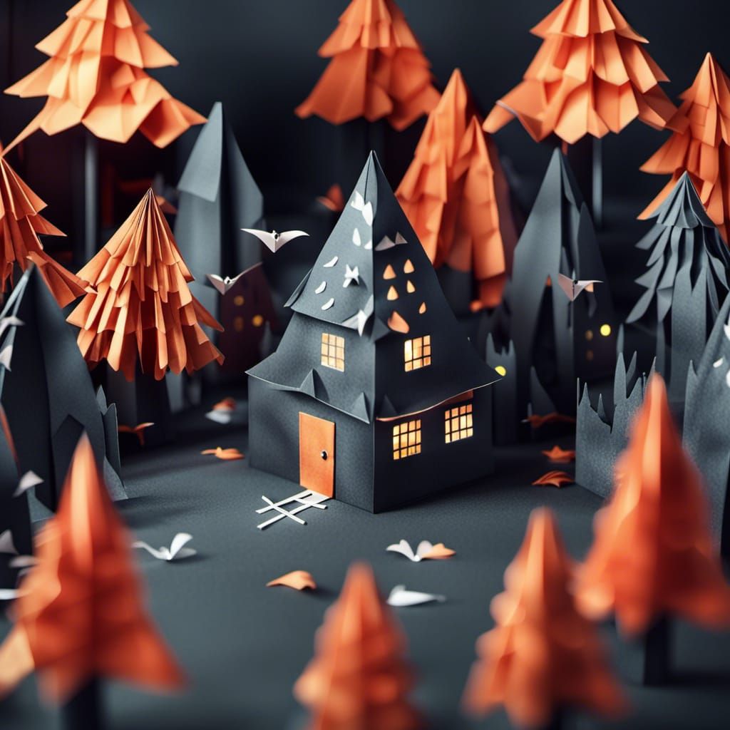 Origami Haunted House in Dark Forest
