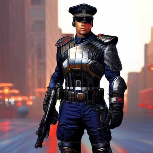 Steampunk Robocop Patrolling Detroit in Expressionist Waterc...