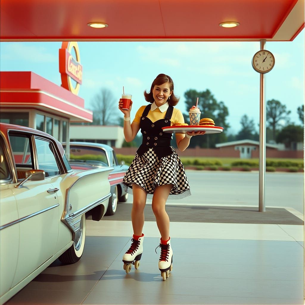 1960s Carhop at Drive-In Restaurant in Kodachrome Style