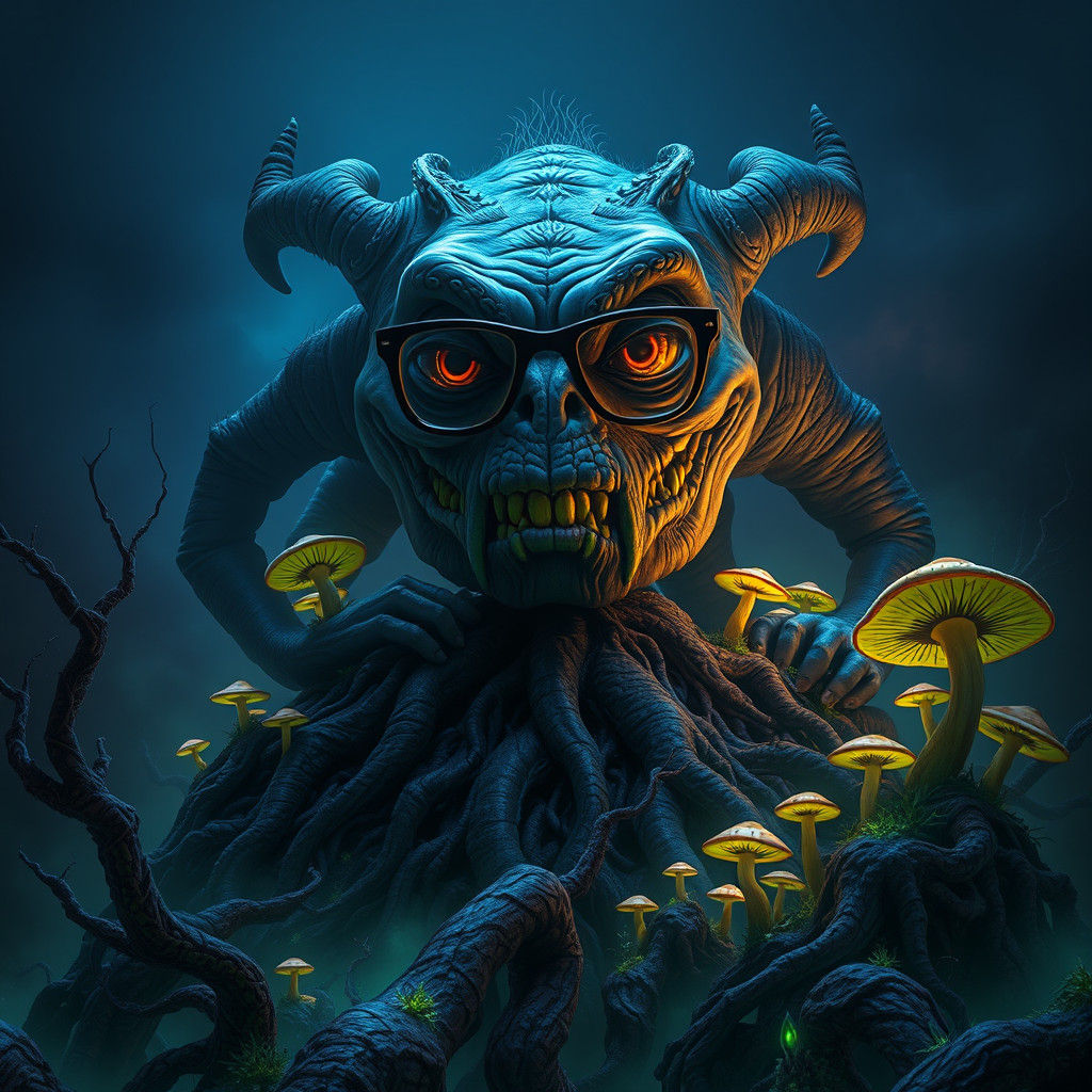 Grotesque Eyeglass Monster in Mystical Landscape