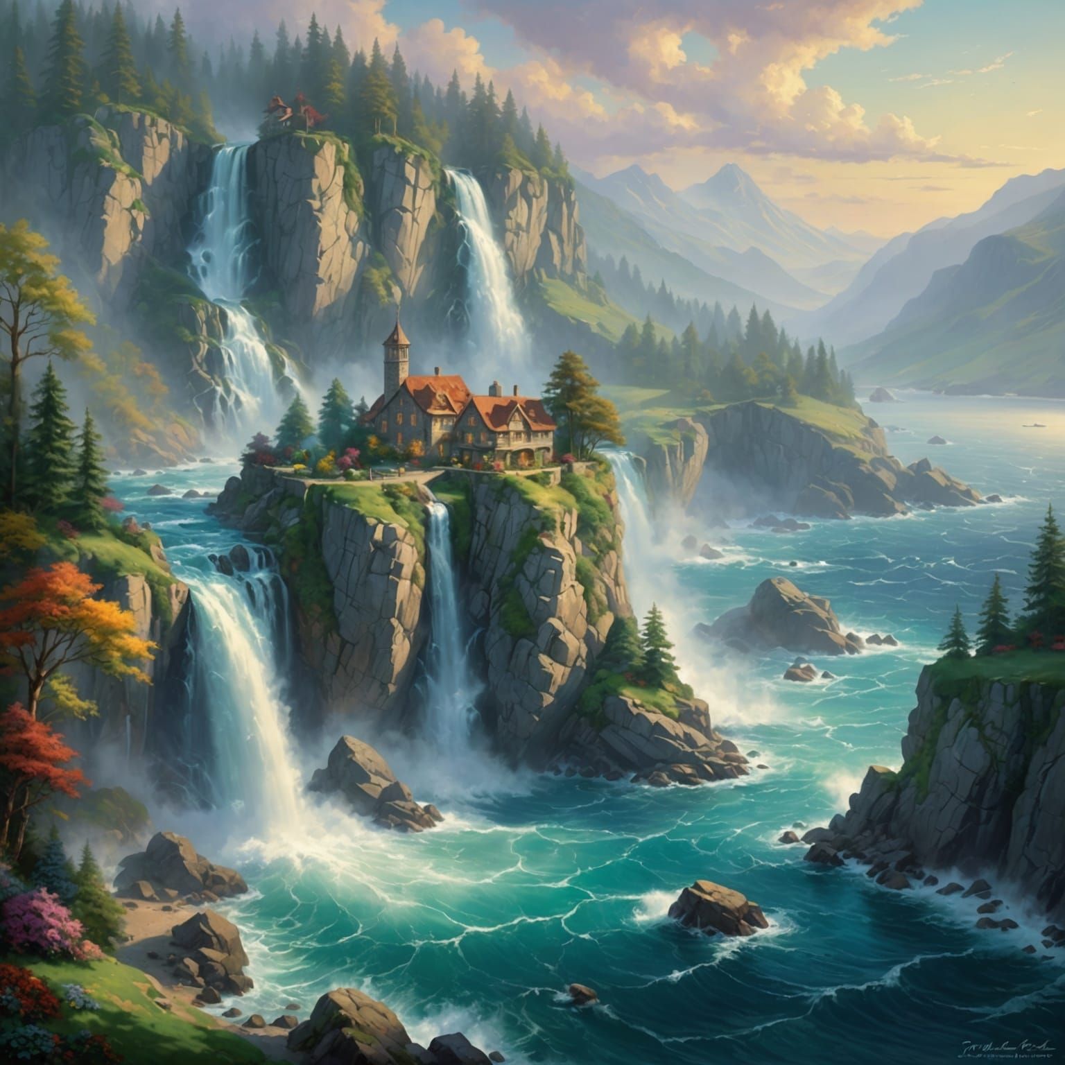 Ethereal Waterfall Cascading into Ocean in Fantasy Style