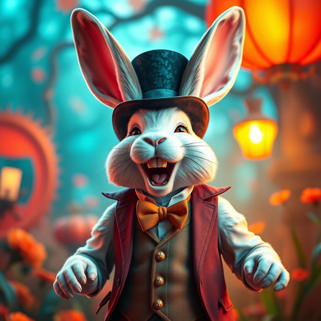 Realistic. white Laughing Bunny from alice in wonderland  intricate details, HDR, beautifully shot, hyperrealistic, shar...