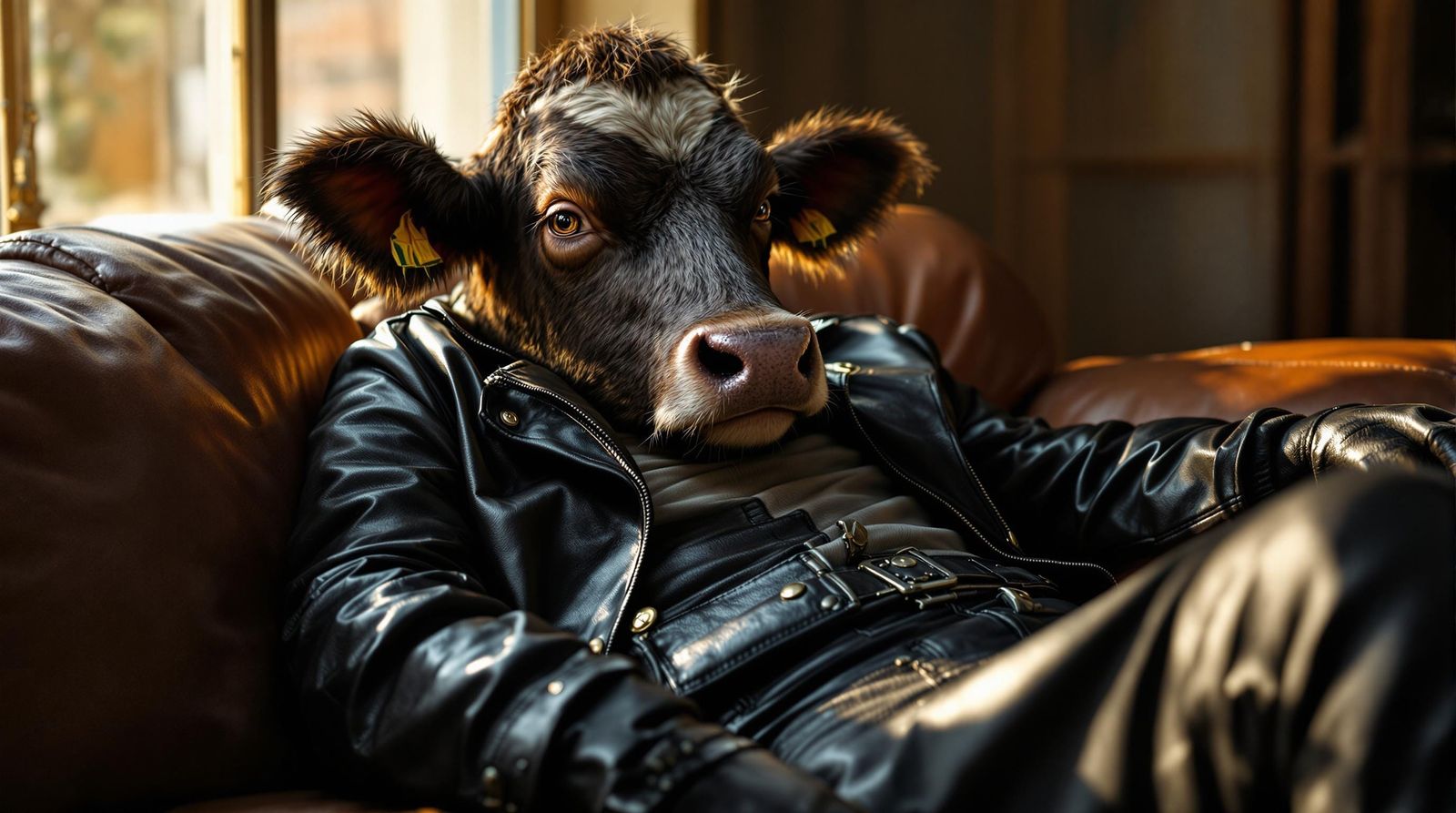 Smug Cow in Leather Attire Sits on Couch