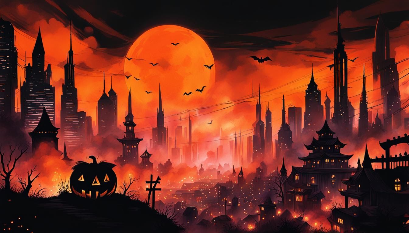 Spooky Halloween Town in Cyberpunk Watercolor Style
