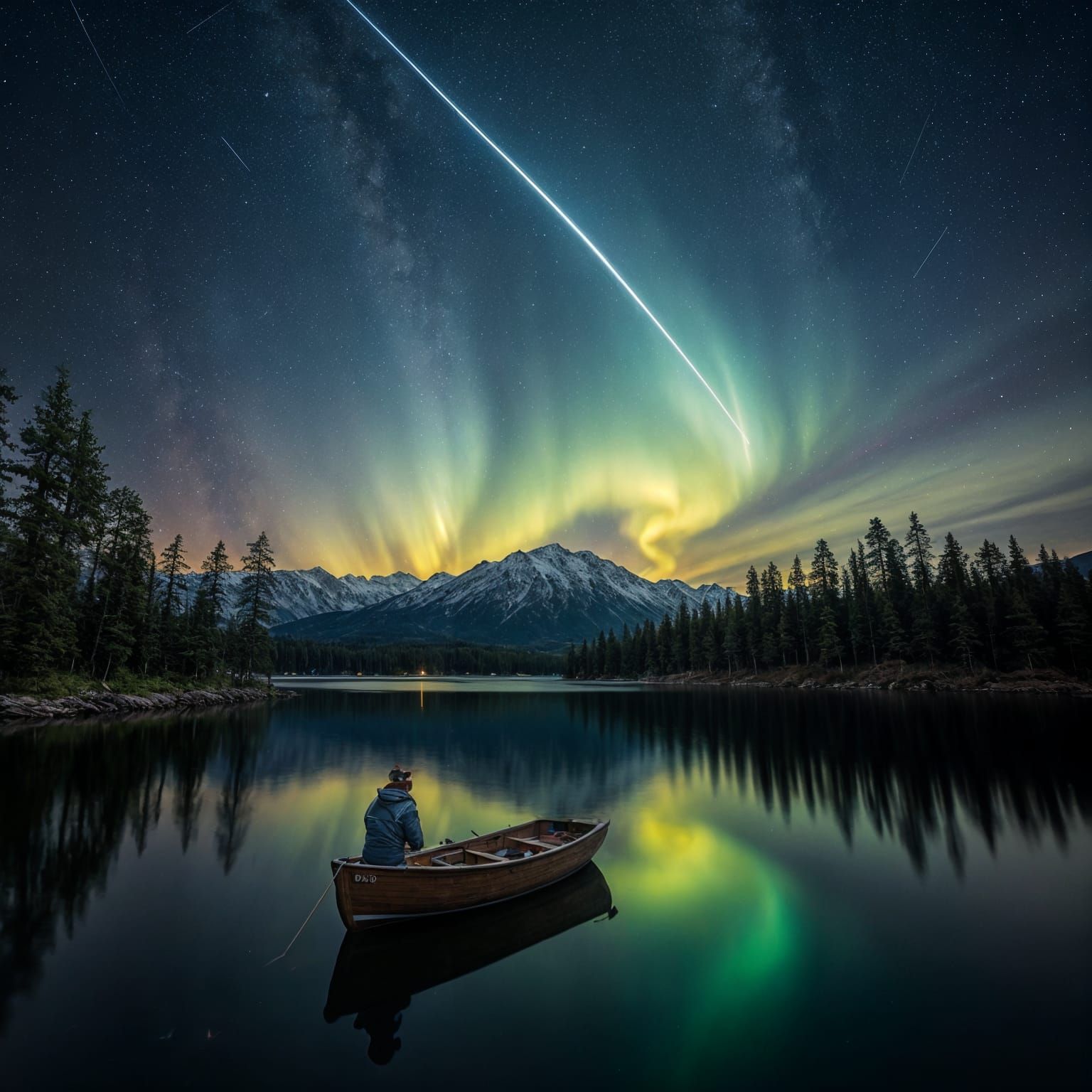 Stellar Nighttime Lake Scene with Comet and Galaxies