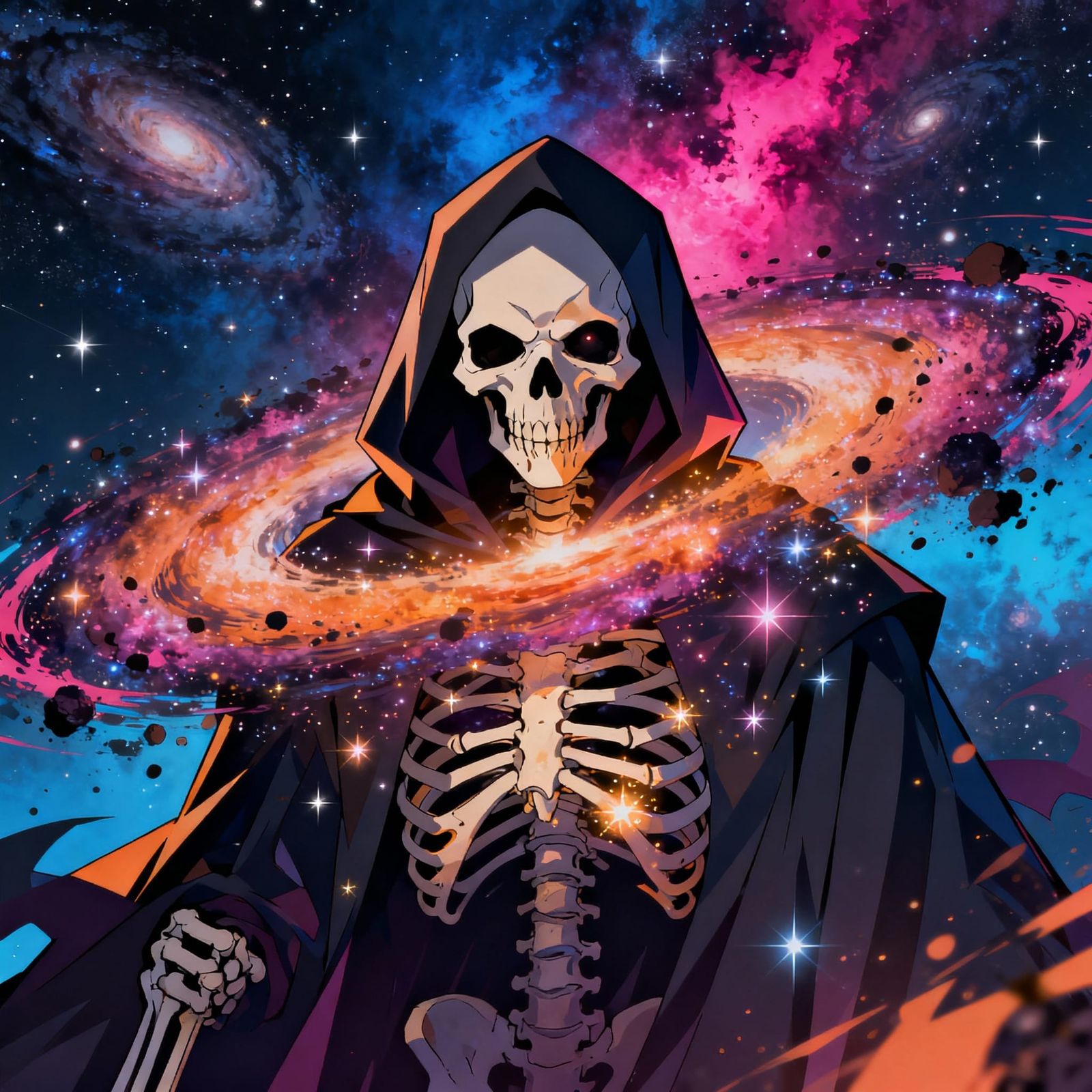 Grim Reaper Skull in Vibrant Cosmic Galaxy Anime Style