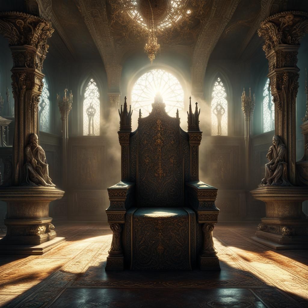 Hyperrealistic Dead King on Throne in Dusty Room