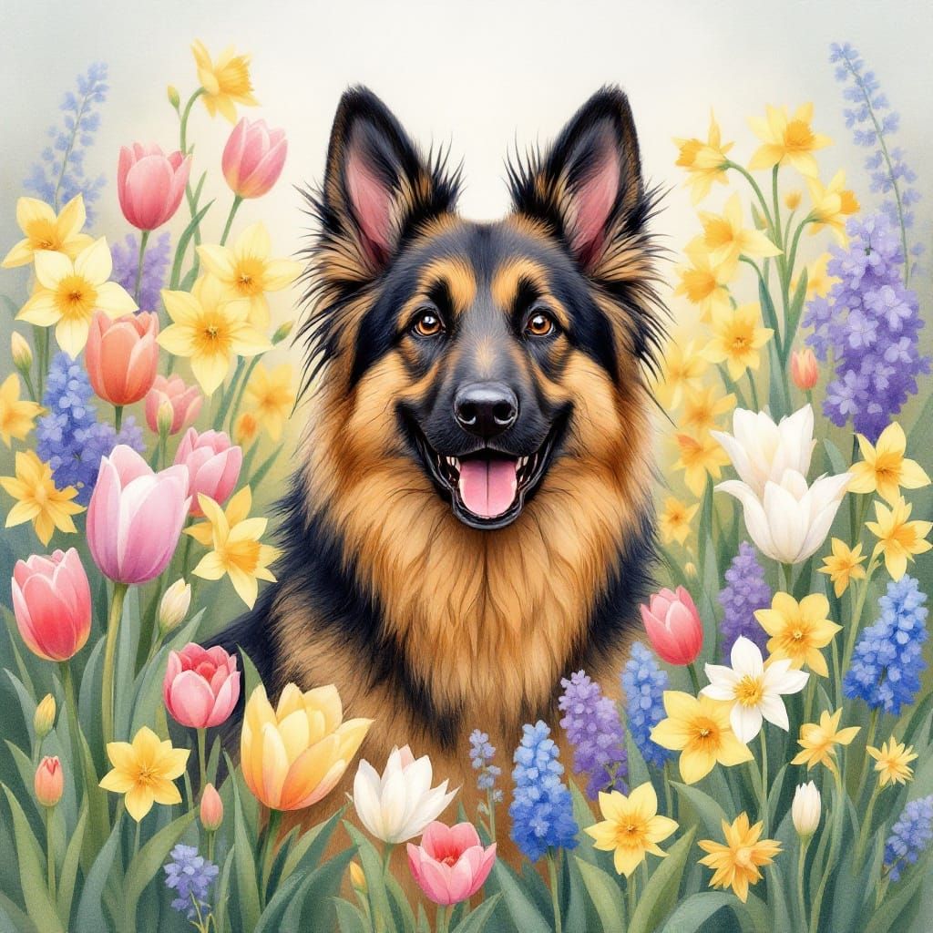 German Shepherd in Whimsical Spring Garden