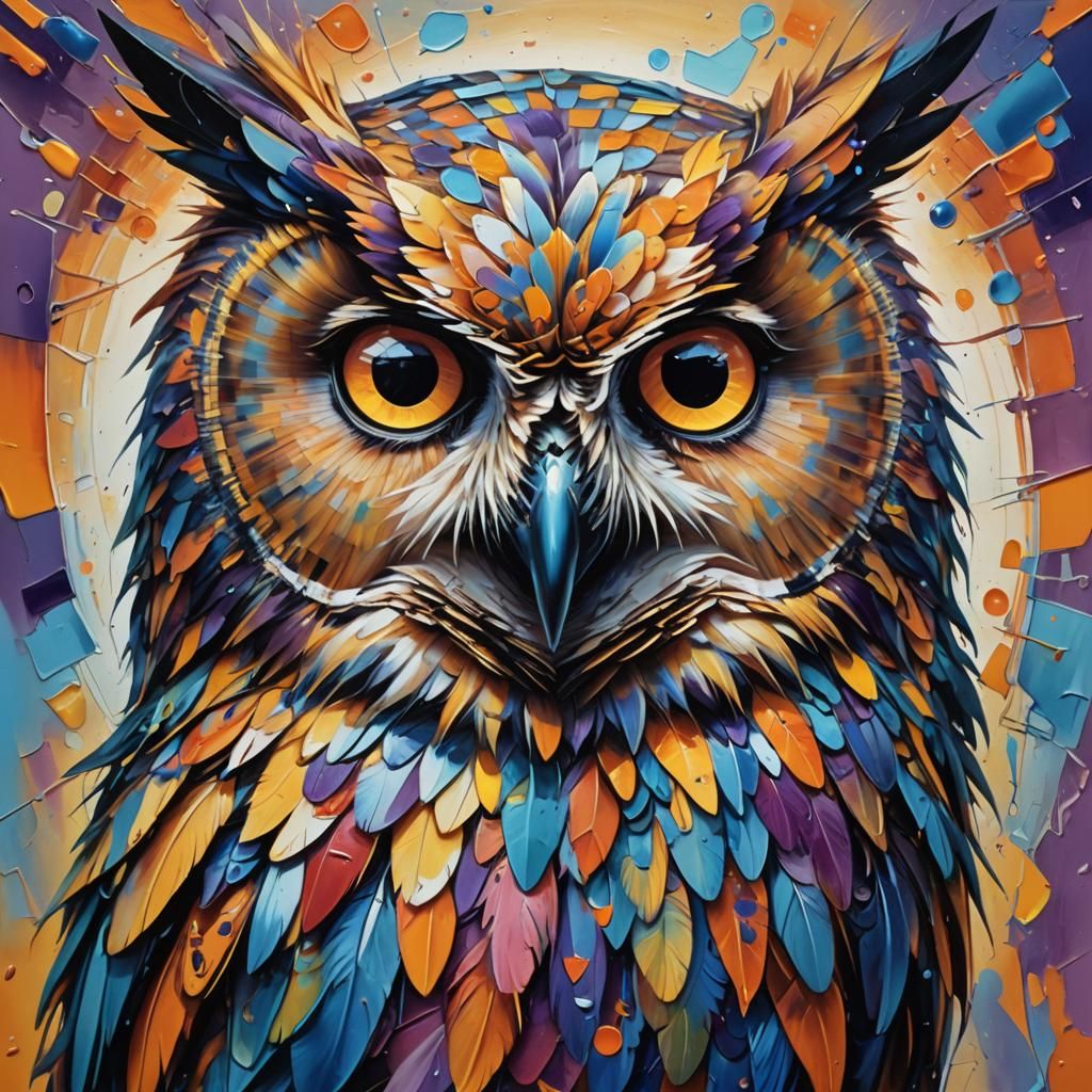 Surreal Owl Head with Abstract Coolers in Oil Painting Style